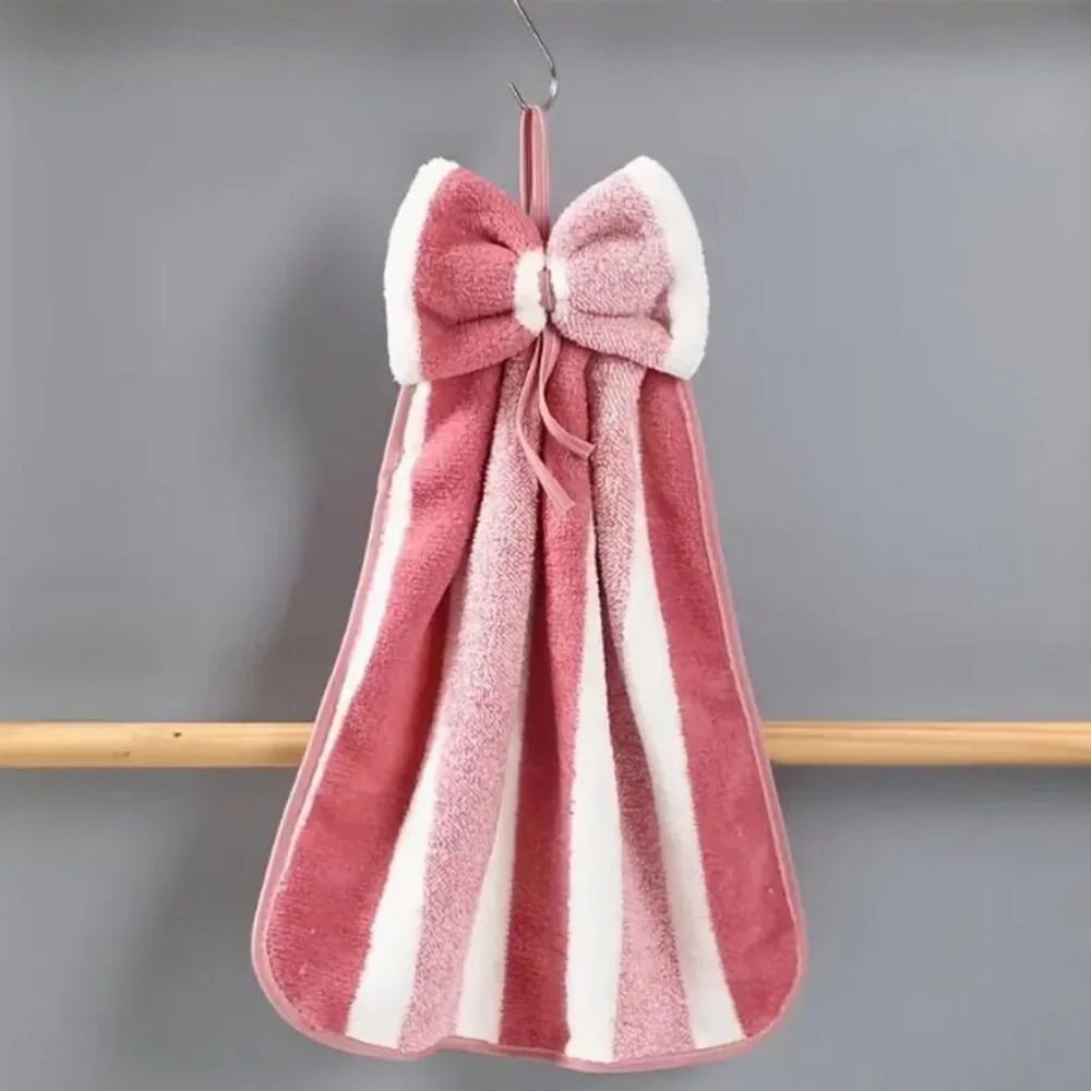 Shiloh Striped Pink Bow Topper Hanging Microfiber Fingertip Towel Gift Packaged